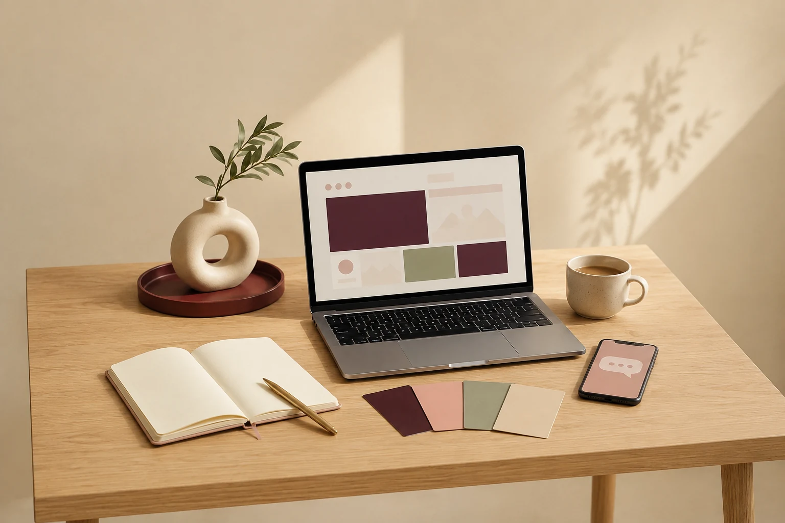Espace de travail avec ordinateur, carnet et téléphone pour préparer un projet de site internet