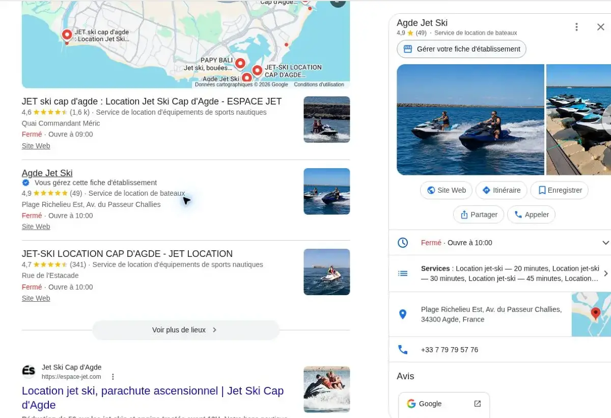 Fiche Agde Jet Ski affichée dans Google avec photos, avis, appel, itinéraire et site web