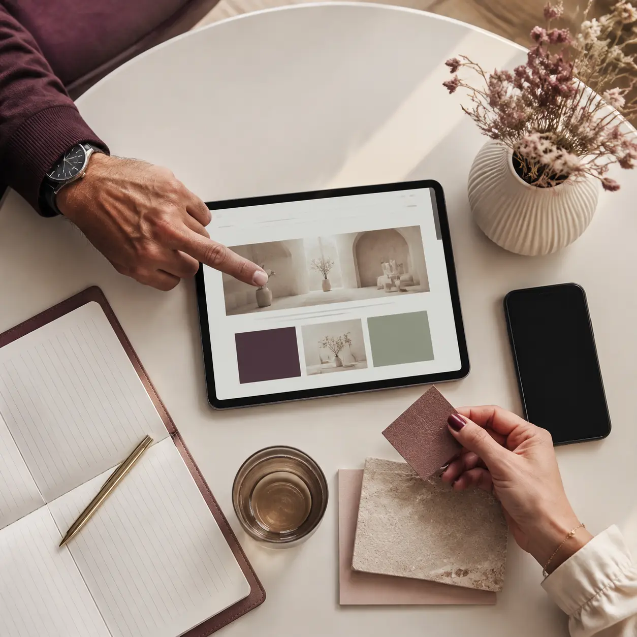 Professionnel préparant les contenus de son futur site avec un webmaster