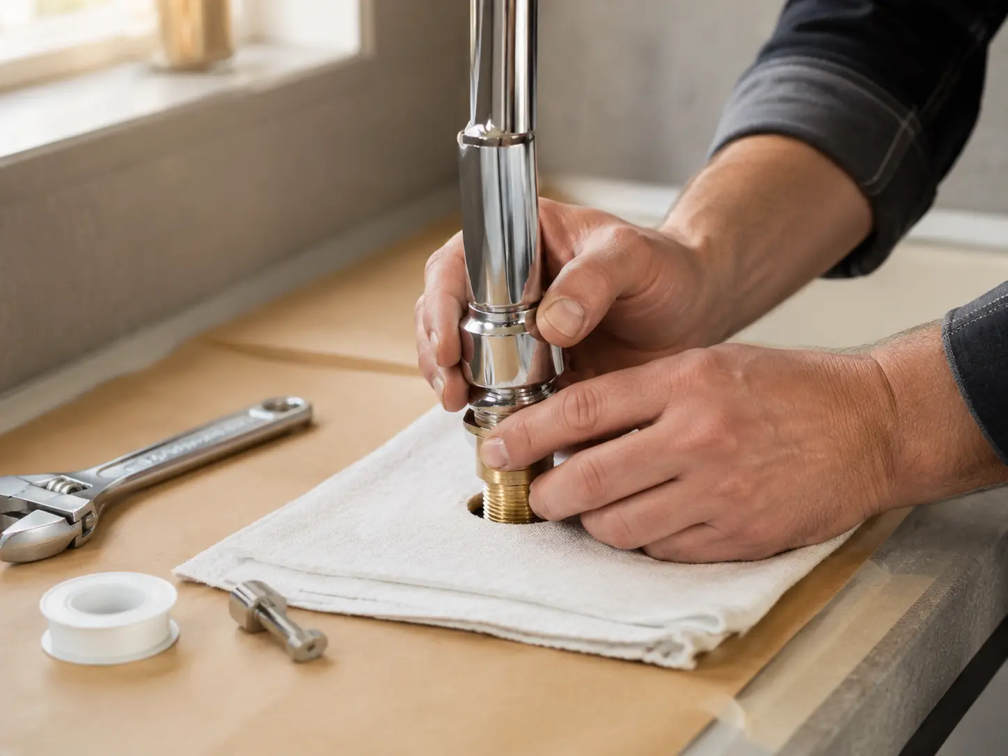 Mains d’artisan travaillant sur une robinetterie