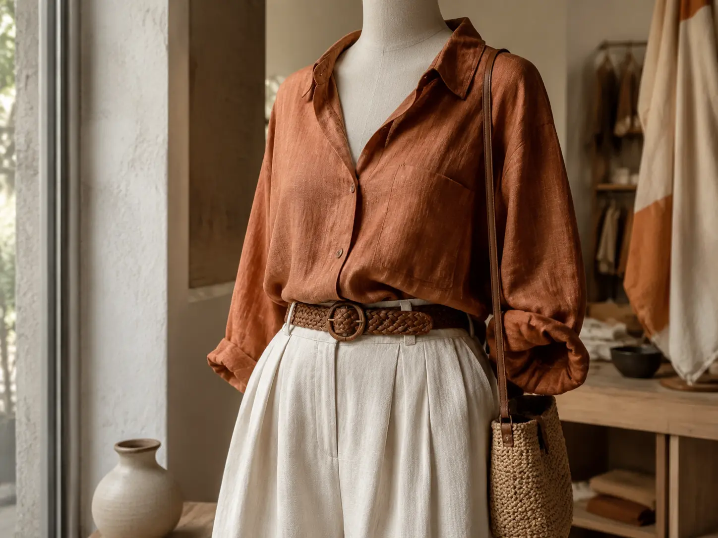 Ensemble en lin terracotta et ivoire